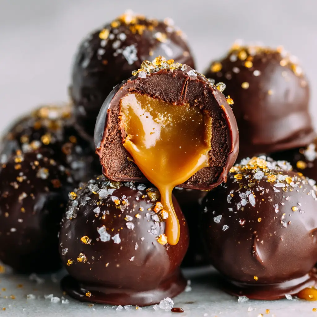 Salted Caramel Truffles: An Easy & Foolproof Recipe 1 A collection of freshly made salted caramel truffles lined up on parchment paper, each sprinkled with flaky sea salt.
