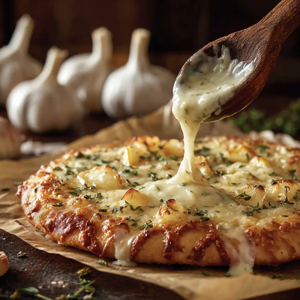 White Garlic Pizza Sauce (Ready in 15 Minutes!) 1 A close-up of the finished white garlic pizza sauce in a bowl, garnished with fresh parsley, highlighting its thick texture.