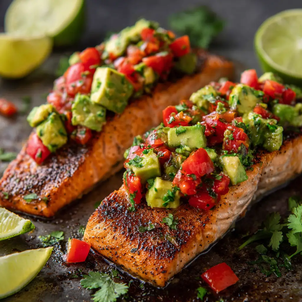 A close-up detail shot of flaky pan-seared salmon with a vibrant green cilantro and lime marinade, showing the moist texture of the fish.