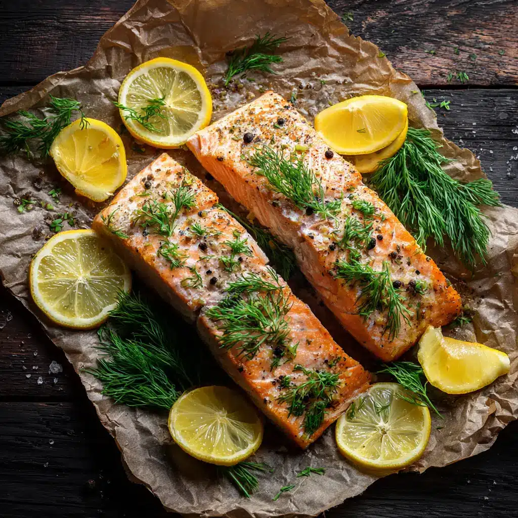 A perfectly moist and flaky baked salmon fillet being flaked with a fork, showing the tender texture of the cooked fish. The vibrant pink salmon is complemented by greens from the fresh dill.