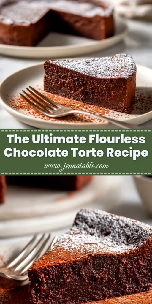 Flourless Chocolate Torte: The Ultimate Rich & Decadent Recipe 3 A stunning flourless chocolate torte on a cake stand, with one slice cut out to show the rich, fudgy interior. The torte is dusted with powdered sugar and garnished with fresh raspberries.