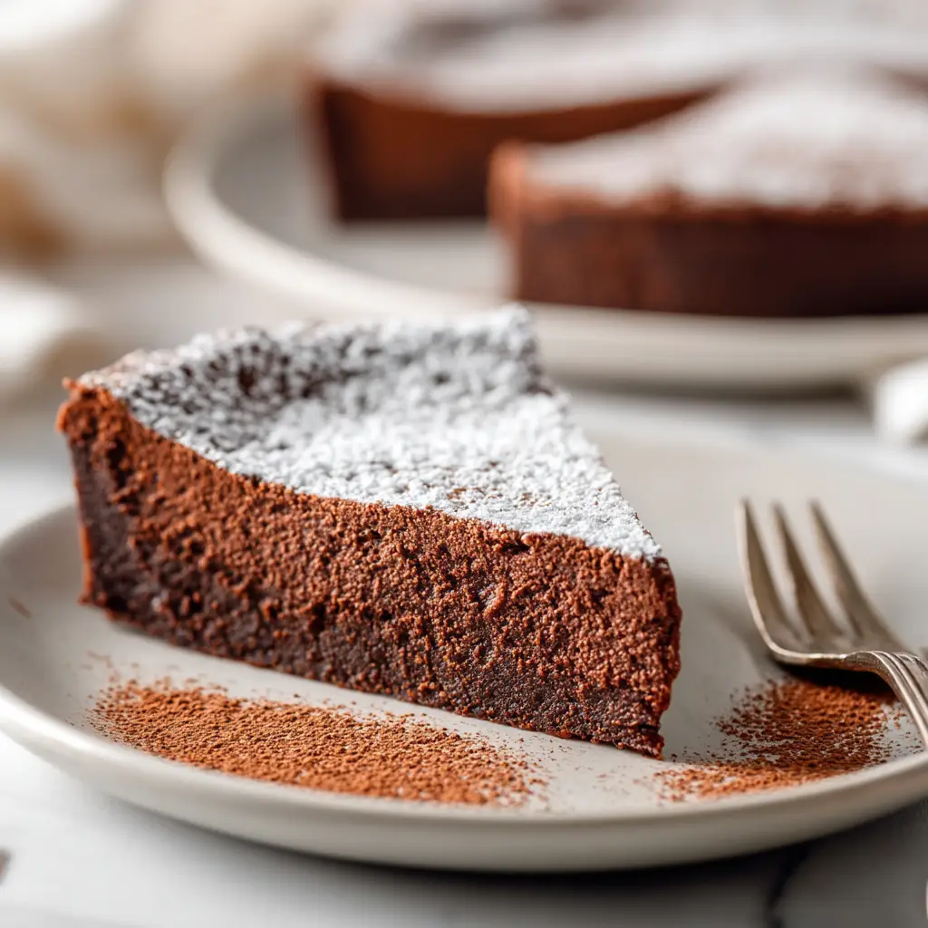 Flourless Chocolate Torte: The Ultimate Rich & Decadent Recipe 2 A close-up slice of rich flourless chocolate torte on a white plate, revealing its dense and fudgy texture. A fork is resting beside the slice.