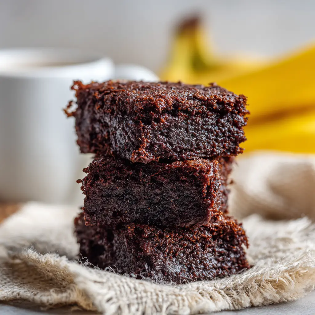 A tall stack of three flourless banana brownies on a white plate, highlighting their thick and fudgy interior.