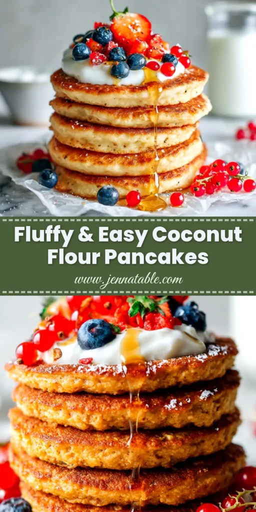 A tall stack of fluffy coconut flour pancakes on a white plate, topped with a pat of butter, fresh blueberries, and a drizzle of maple syrup.