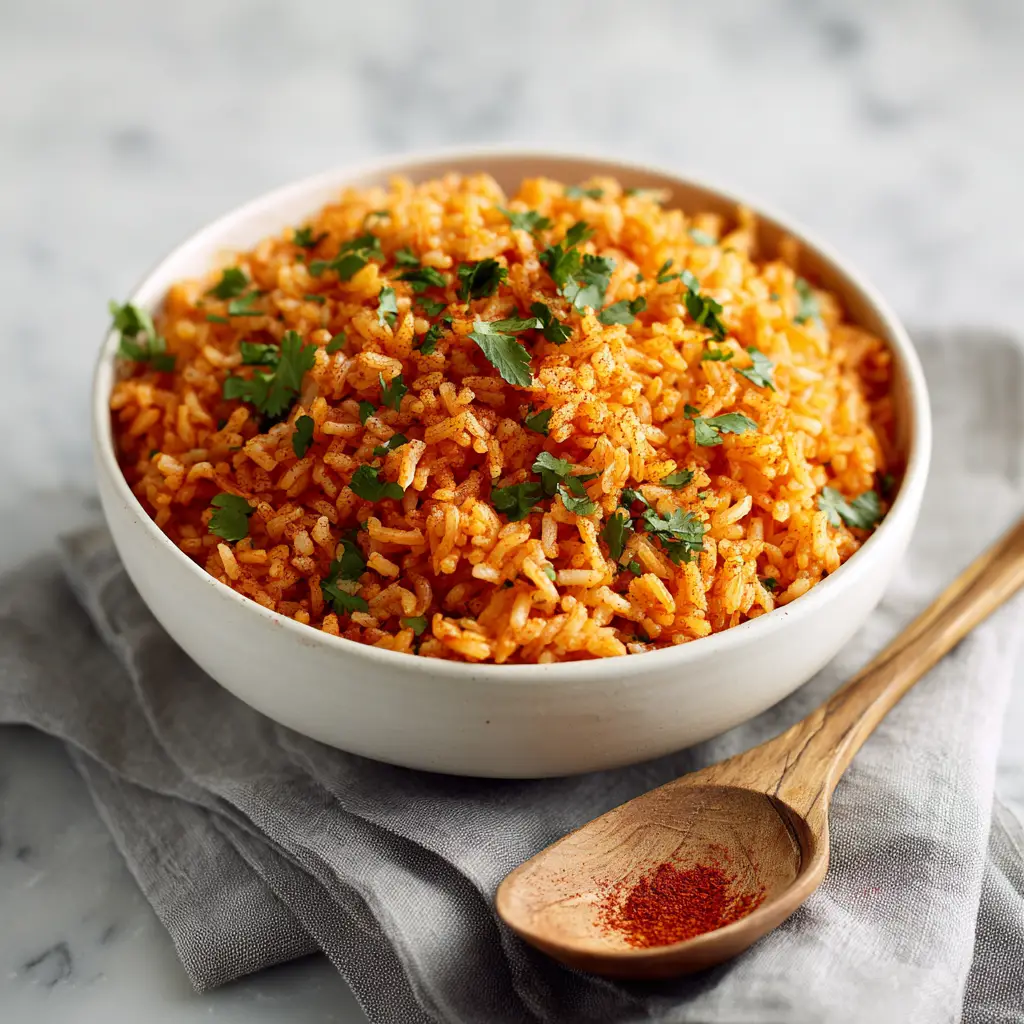 A spoonful of fluffy Spanish rice being lifted from a bowl, demonstrating the perfectly separate grains achieved with this easy recipe.