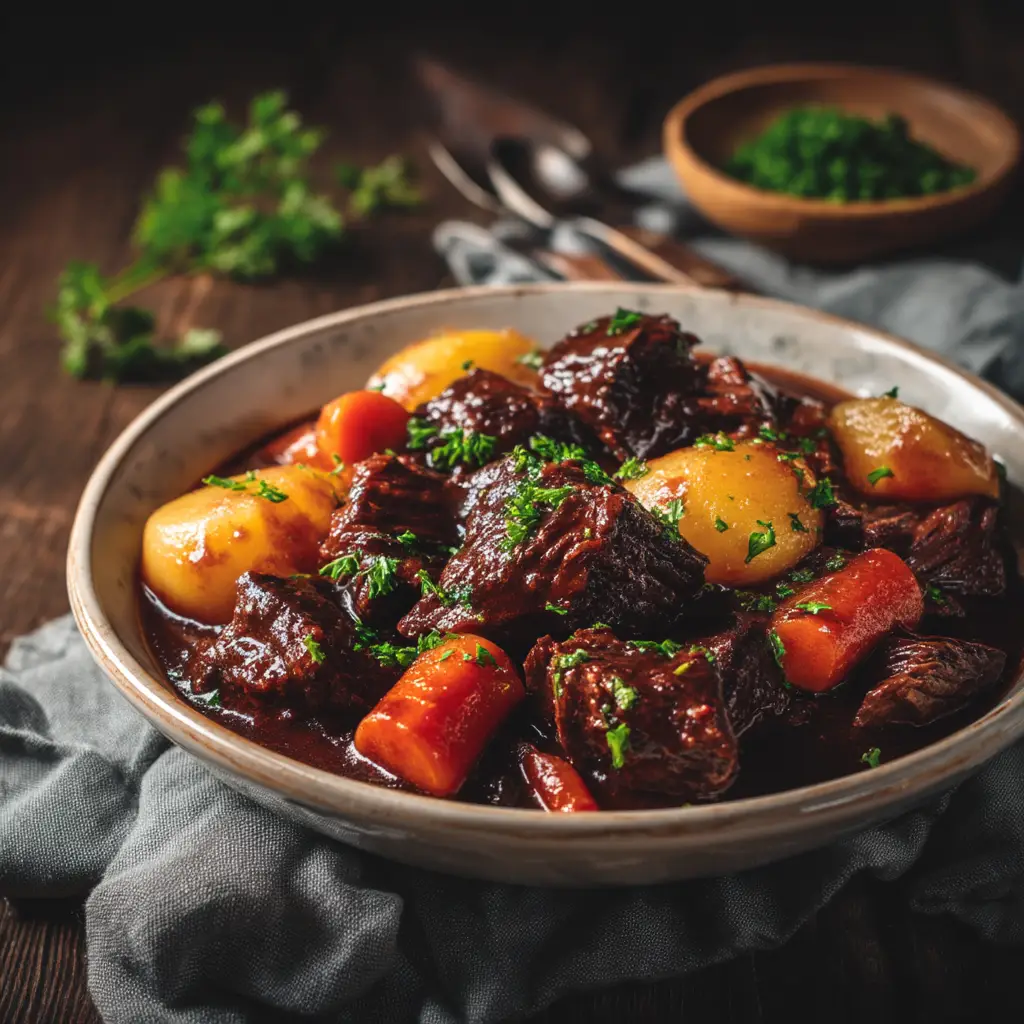 Boeuf Bourguignon Recipe (A Foolproof Guide) 2 A Dutch oven filled with a rich, simmering French beef stew, showcasing the tender beef, carrots, and mushrooms in a deep red wine sauce.