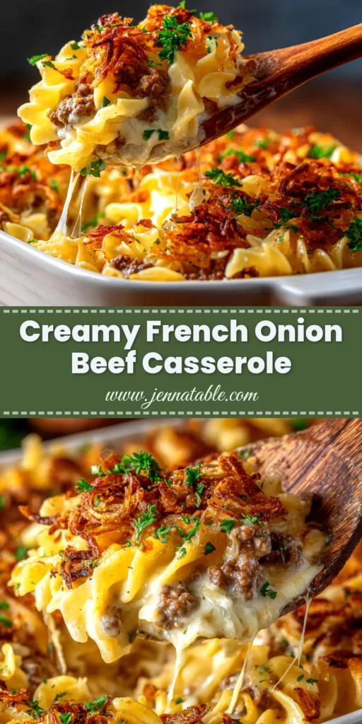 A close-up overhead shot of a finished French Onion Beef Casserole in a white baking dish, showing the golden-brown melted Gruyère cheese topping.