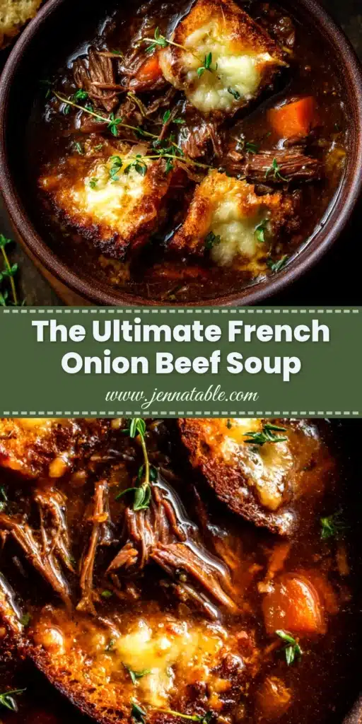 A bowl of rich French Onion Beef Short Rib Soup, with a golden-brown cheesy crouton on top, ready to be eaten.