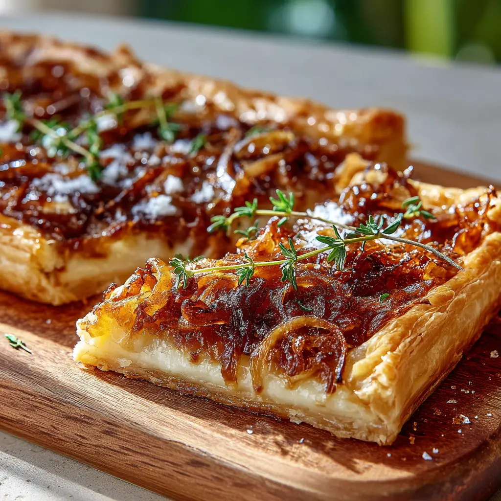 A close-up view of the flaky, golden-brown crust of a French onion tart, with the rich filling visible.