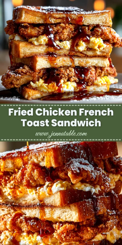 A tall, delicious French Toast Fried Chicken Sandwich, drizzled with maple syrup and presented on a white plate. The ultimate sweet and savory brunch recipe.