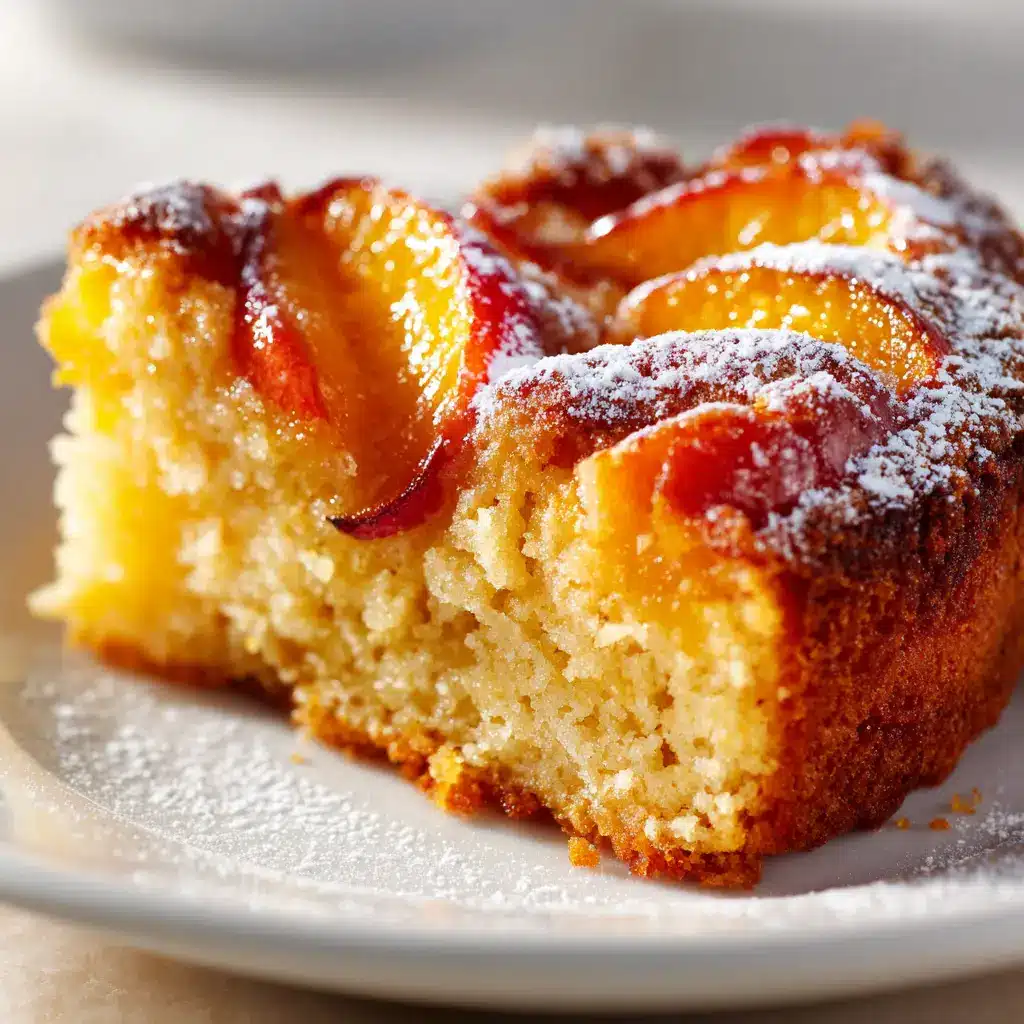 Peach Cake Recipe (The Only One You'll Ever Need) 2 A close-up shot of the fresh peach cake's tender crumb, highlighting the pieces of baked peaches inside. The texture is visibly soft and moist.