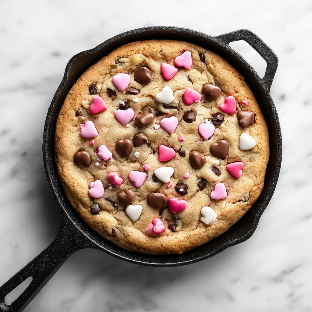 Valentine's Skillet Cookie: The Ultimate Dessert for Two 1 A close-up shot of the freshly baked giant chocolate chip cookie, showing the melted chocolate and golden-brown, crispy edges.