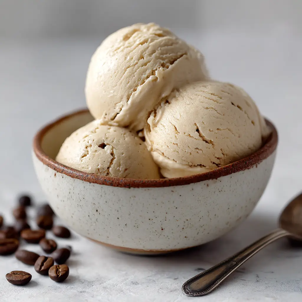 A bowl filled with freshly churned Italian coffee gelato, showing off its dense and silky texture before it's fully ripened.