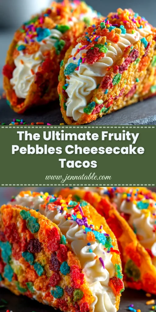 A close-up of two finished Fruity Pebbles Cheesecake Tacos, showing the colorful cereal shell and the creamy white cheesecake filling, ready to be shared.