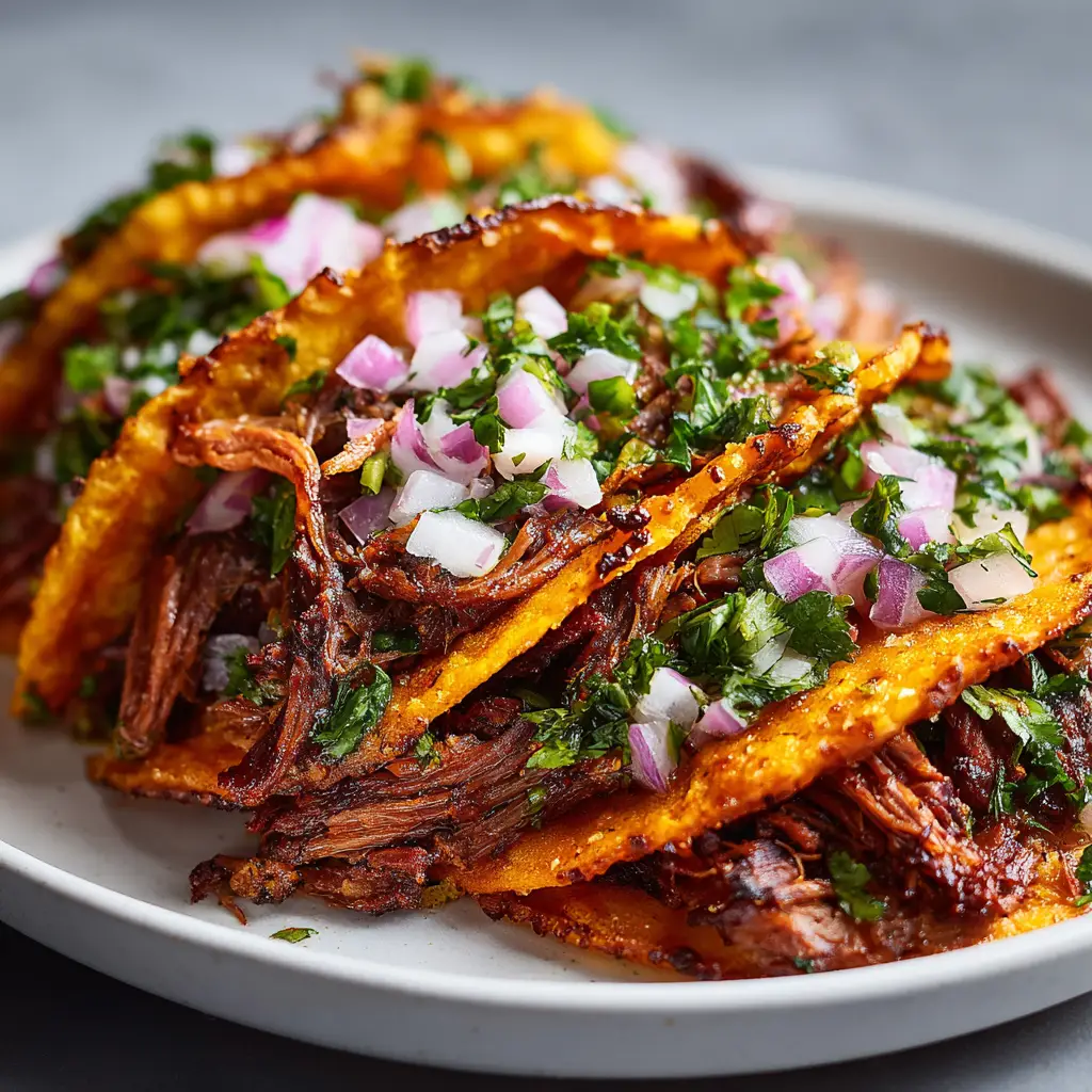 A cast-iron skillet with several Crock Pot Birria Tacos being fried until golden and crispy. Oaxaca cheese is melting out of the sides, creating a delicious crust.