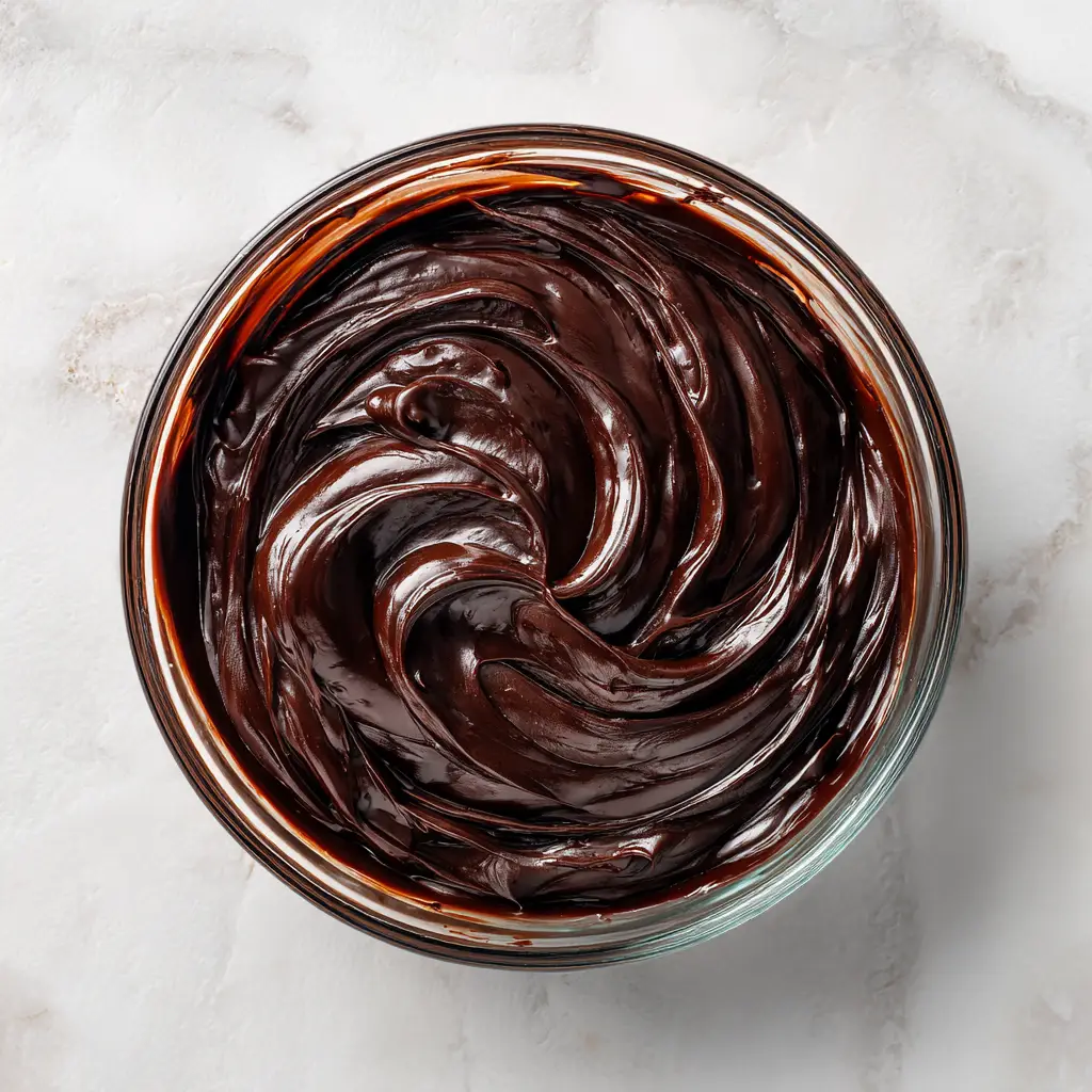 An overhead shot of a glass bowl filled with smooth, fudgy chocolate filling, a key component for a delicious cake.
