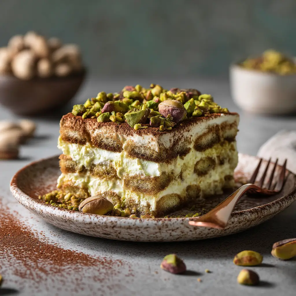 Pistachio Tiramisu Recipe: A Creamy Italian Dream 1 A full dish of homemade pistachio tiramisu before being served, garnished with a sprinkle of crushed pistachios over the smooth top layer.