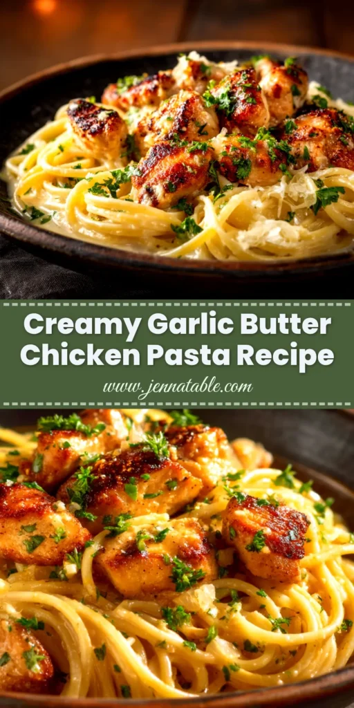 Garlic Butter Chicken Pasta (The Ultimate 30-Minute Recipe) 4 A top-down view of a white bowl filled with creamy garlic butter chicken pasta, garnished with fresh parsley and Parmesan cheese.
