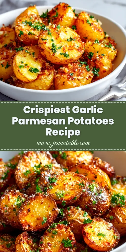A sharable pin image of crispy Garlic Parmesan Roasted Potatoes in a white bowl, garnished with parsley.