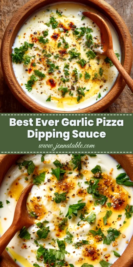 Garlic Sauce for Pizza (That's Better Than Takeout!) 3 A sharable pin image showing a bowl of creamy garlic sauce for pizza, with text overlay for Pinterest.