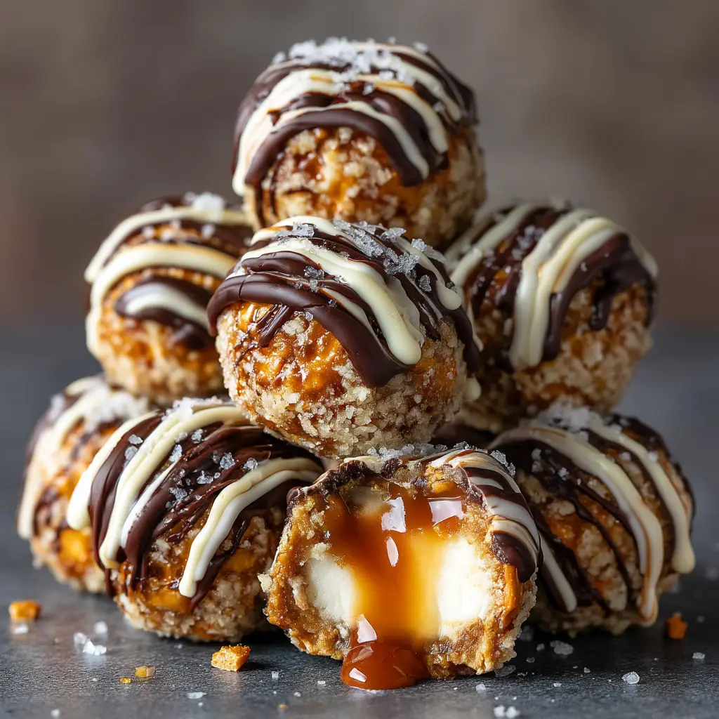 Salted Caramel Pretzel Cheesecake Balls (The Ultimate Recipe) 1 A finished salted caramel pretzel cheesecake ball being drizzled with extra caramel sauce, highlighting the dessert's rich toppings.