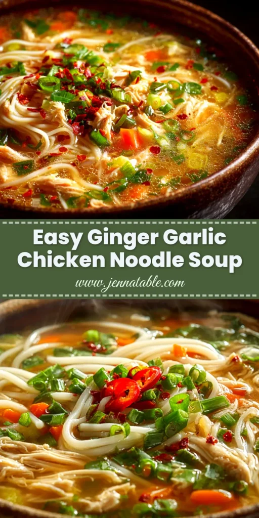 A beautiful bowl of homemade Ginger Garlic Chicken Noodle Soup, with fresh parsley garnish and steam rising, ready to be eaten.