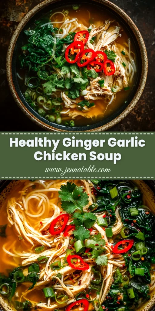 Ginger Garlic Chicken Noodle Soup: The Ultimate Cold-Fighting Recipe 4 A vibrant bowl of Ginger Garlic Chicken Noodle Soup, packed with shredded chicken, carrots, and noodles, garnished with fresh parsley. The perfect comforting and healing meal.