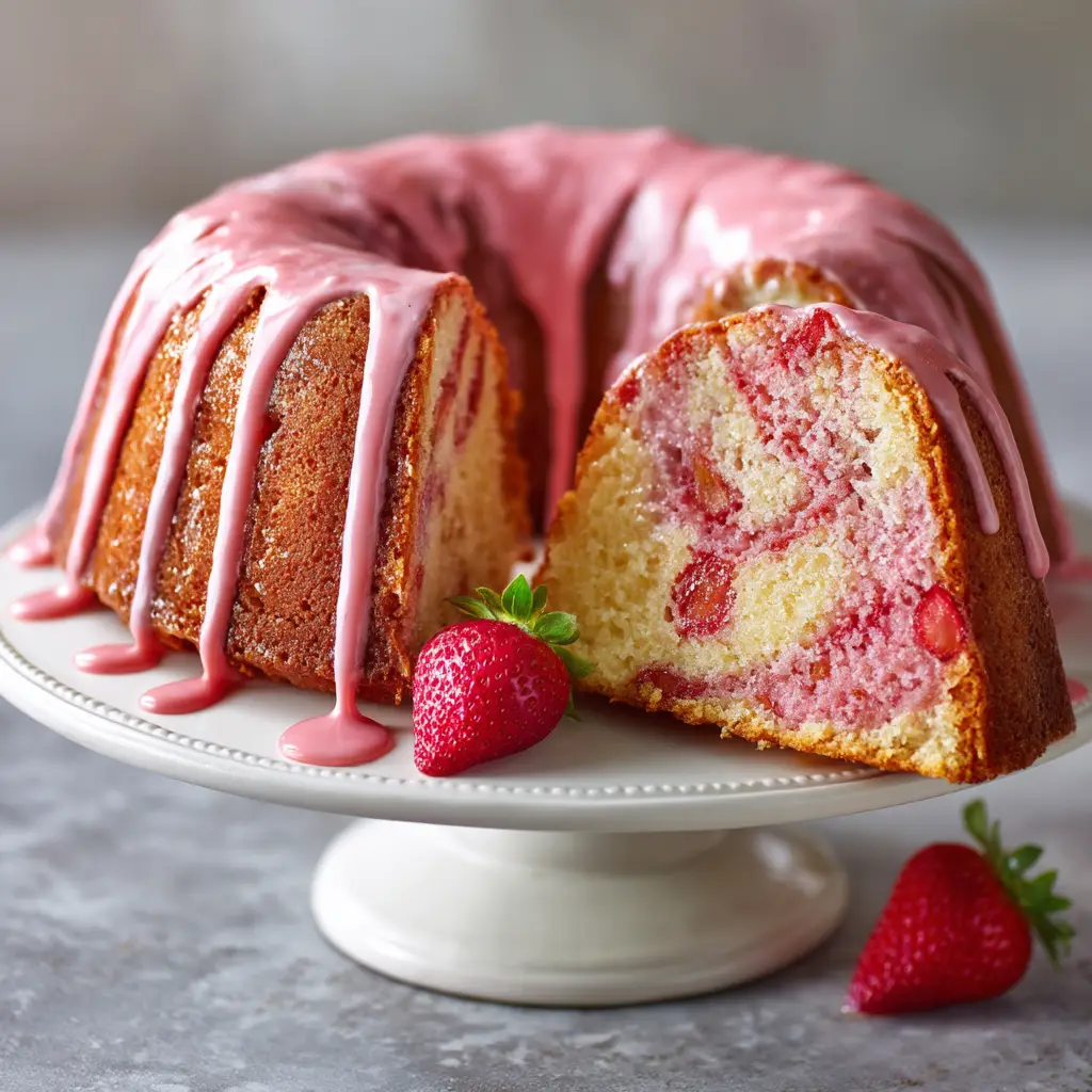 Strawberry Pound Cake: A Moist & Easy Recipe 1 The process of drizzling a vibrant pink strawberry glaze over a cooled pound cake. This action shot shows a key step in making the best strawberry pound cake.