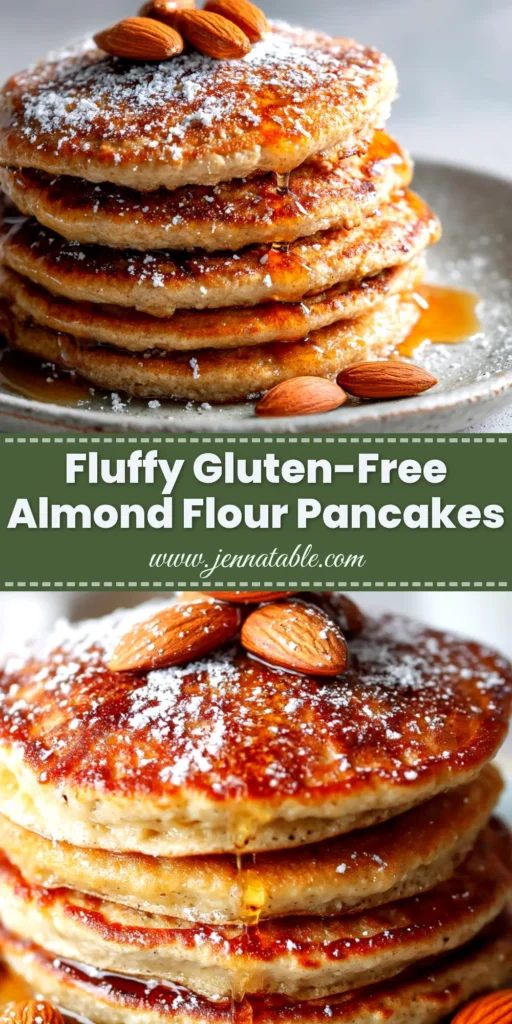 Gluten-Free Almond Flour Pancakes (Fluffy & Easy!) 3 A tall, beautiful stack of fluffy gluten-free almond flour pancakes on a white plate, drizzled with maple syrup and topped with fresh blueberries. The background is bright and clean, emphasizing the delicious breakfast.