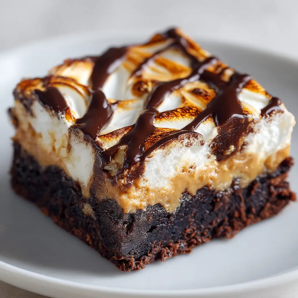 A close-up shot of a single square Marshmallow Peanut Butter Brownie on a white plate. The distinct layers of fudgy brownie, swirled peanut butter, and gooey marshmallow are clearly visible.