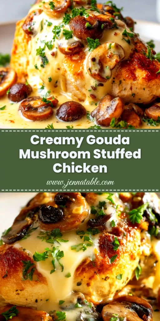 An overhead shot of a sliced Gouda & Mushroom Stuffed Chicken breast on a plate, with the cheesy filling visible. The perfect pin to showcase this impressive recipe.