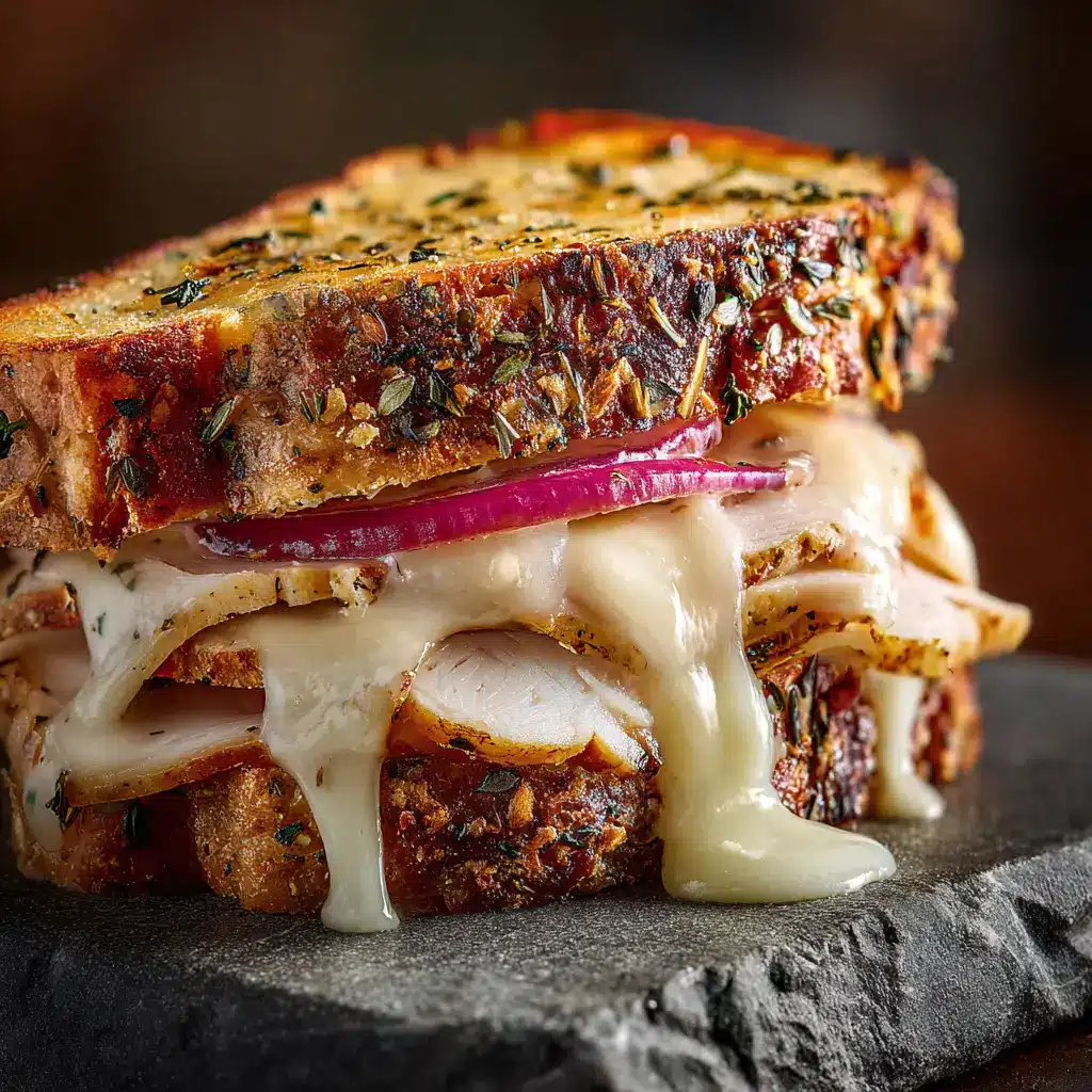 A close-up shot of a gourmet grilled turkey and cheese sandwich, highlighting the golden-brown toasted bread and melted cheese.