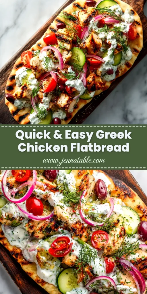 Greek Chicken Flatbread (The Ultimate 30-Minute Meal!) 3 An overhead shot of a delicious Greek chicken flatbread, topped with fresh tomatoes, feta, and tzatziki sauce.