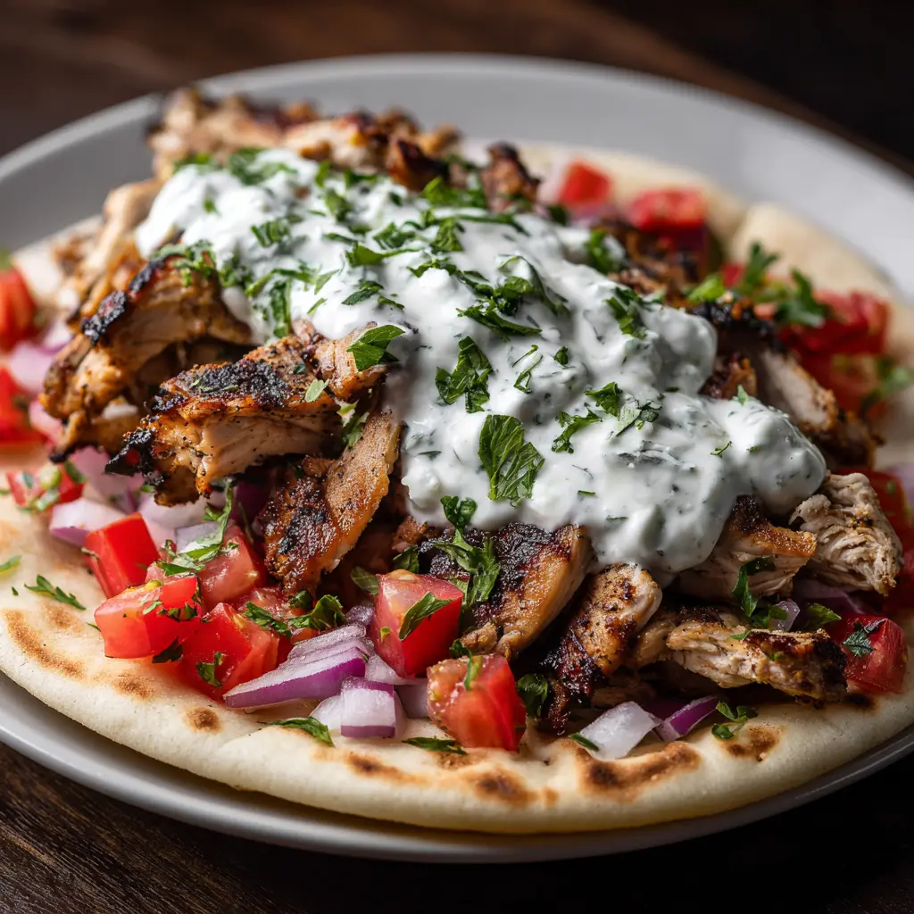 A close-up of the juicy, marinated chicken used for homemade Greek gyros, seasoned with herbs and ready to be cooked.