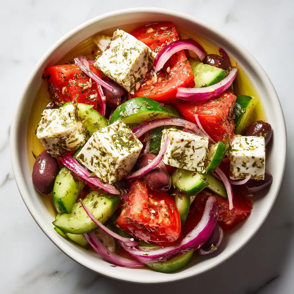 A fresh Greek village salad with chopped tomatoes, cucumbers, and red onions in a rustic bowl before adding the feta cheese.