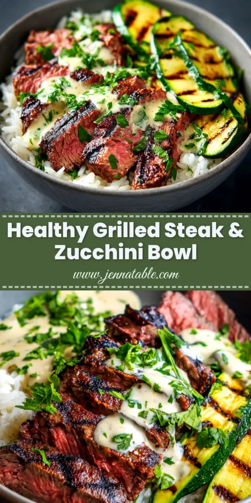An overhead shot of a vibrant and healthy grilled steak bowl. The bowl is filled with white rice, topped with perfectly sliced grilled steak, corn, tomatoes, and drizzled with a creamy white sauce.