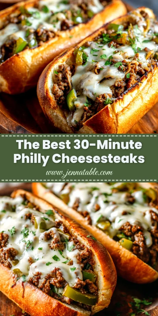 An overhead shot of two delicious Ground Beef Philly Cheesesteaks on a wooden board, loaded with melted cheese, onions, and peppers.