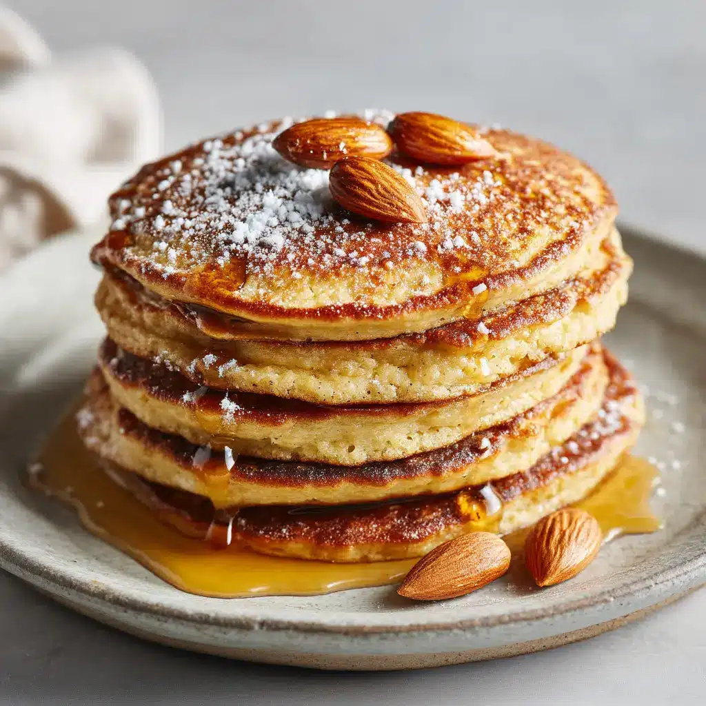 Gluten-Free Almond Flour Pancakes (Fluffy & Easy!) 1 A delicious stack of healthy almond flour pancakes topped with fresh blueberries and a generous drizzle of maple syrup, ready to eat.