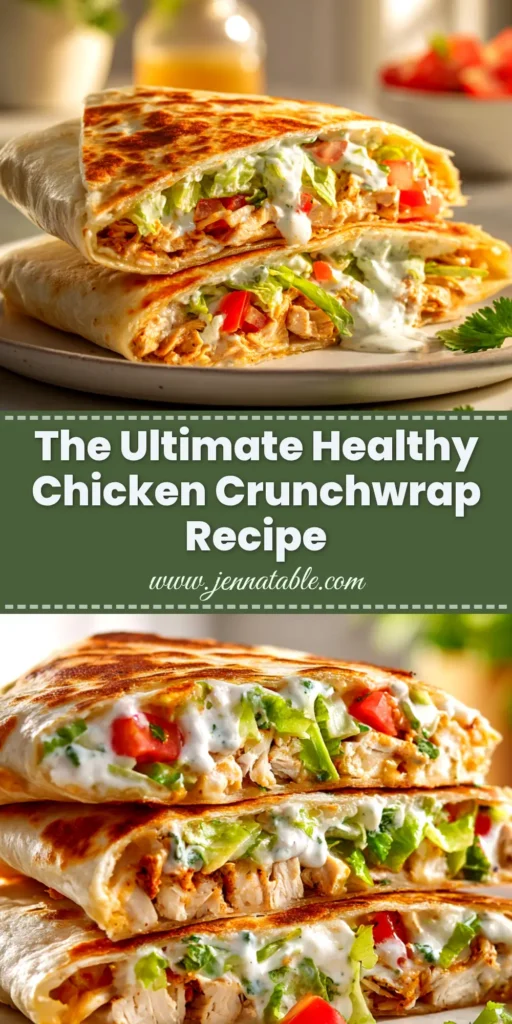 A Healthy Chicken Crunch Wrap cut in half to show the delicious layers of chicken, lettuce, and tomato inside, with a golden, crispy tortilla shell.
