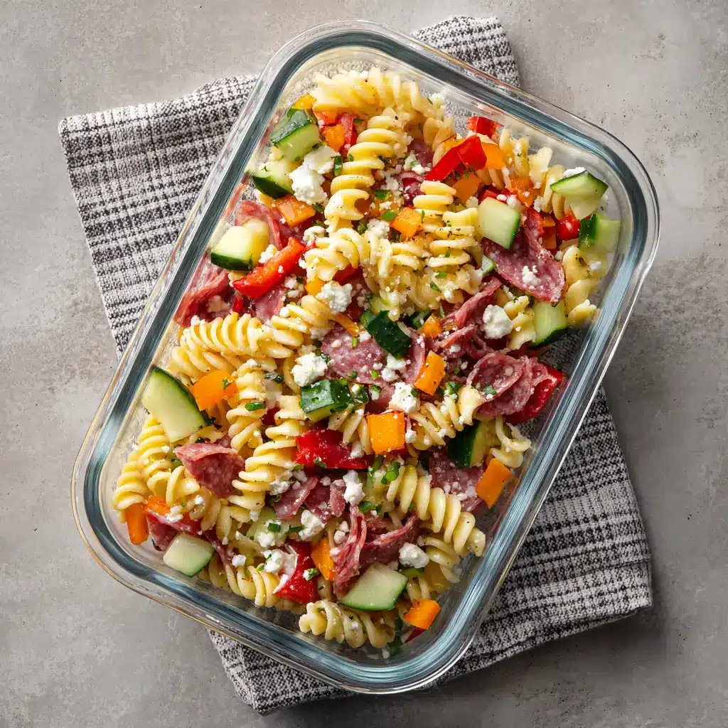 A top-down view of the High-Protein Italian Pasta Salad in a serving bowl, highlighting the fresh ingredients like tomatoes, cucumbers, and mozzarella pearls.