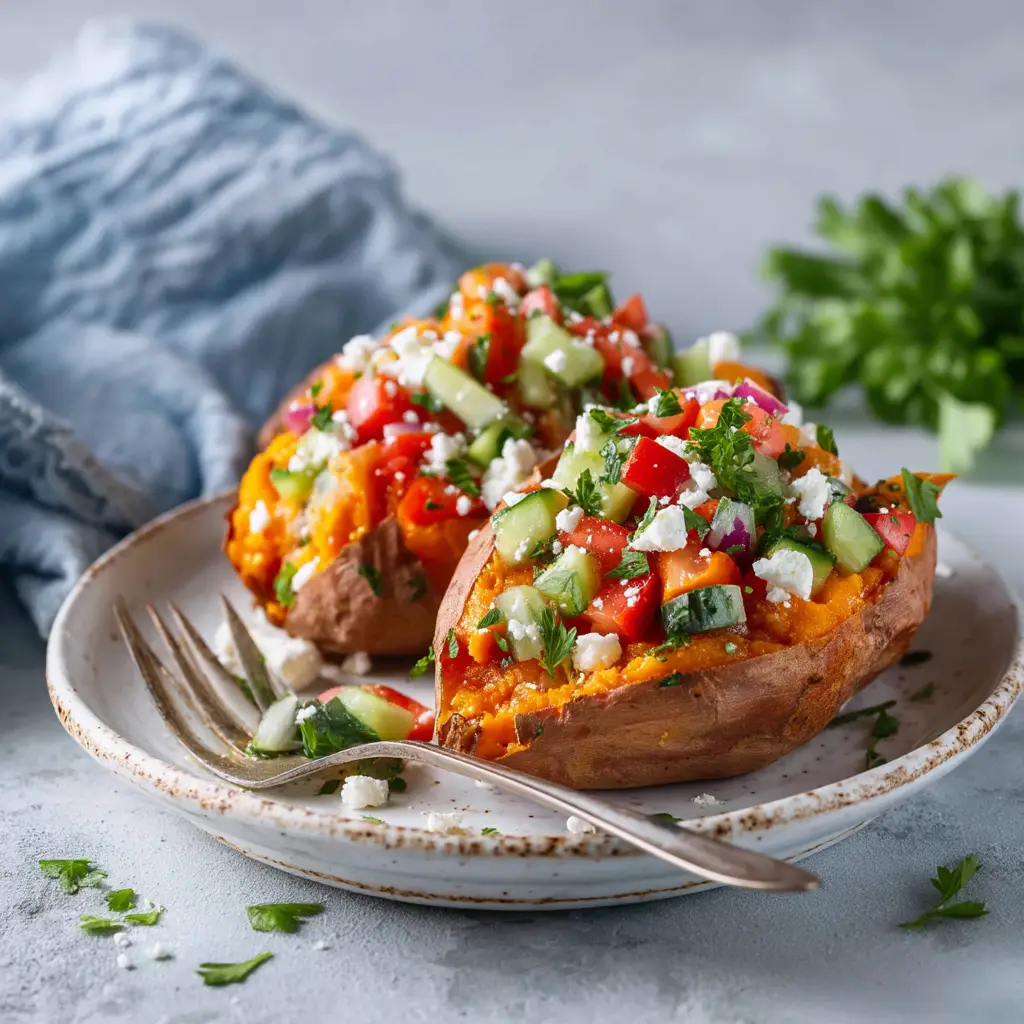A detailed shot of a healthy sweet potato recipe, loaded with a Mediterranean-style filling and topped with creamy feta cheese.