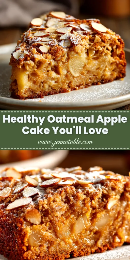 A beautiful overhead shot of a rustic Healthy Oatmeal Apple Cake, with one slice cut out to show the moist, apple-studded interior. The cake is on a wooden board surrounded by fresh apples and cinnamon sticks.