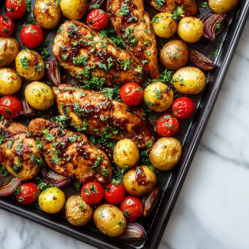 Sheet Pan Balsamic Chicken and Veggies 1 A serving of the healthy sheet pan chicken dinner on a white plate, ready to eat. The dish looks colorful, nutritious, and appetizing.
