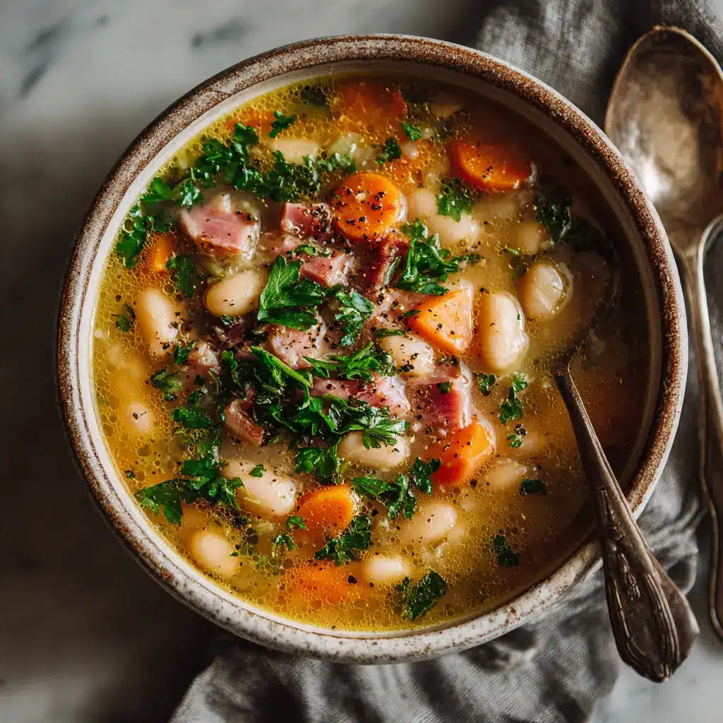 Slow Cooker Ham and Bean Soup (The Ultimate Comfort Food) 2 An overhead view of a hearty ham and bean soup in a rustic bowl, surrounded by ingredients like carrots and celery. A perfect example of a crock pot soup.
