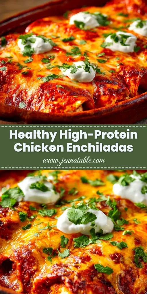 A close-up overhead shot of high protein chicken enchiladas in a white baking dish, topped with melted cheese and fresh cilantro.