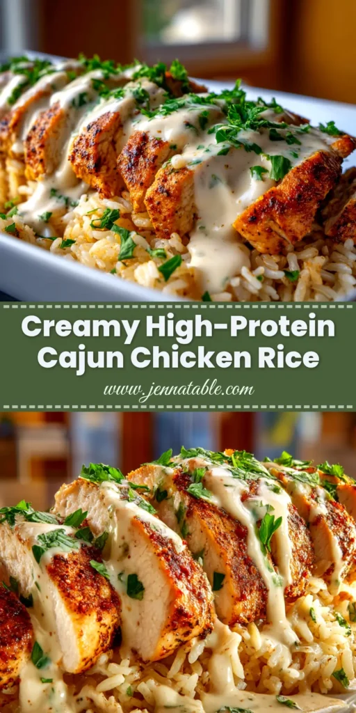 A pan of High Protein Creamy Cajun Chicken, sliced and served in a creamy sauce with spinach. A fork is lifting a piece, with text overlay for Pinterest.