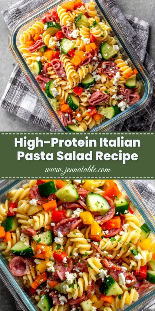 A large white bowl filled with High-Protein Italian Pasta Salad, topped with fresh basil. The salad is colorful with cherry tomatoes, mozzarella, and salami.