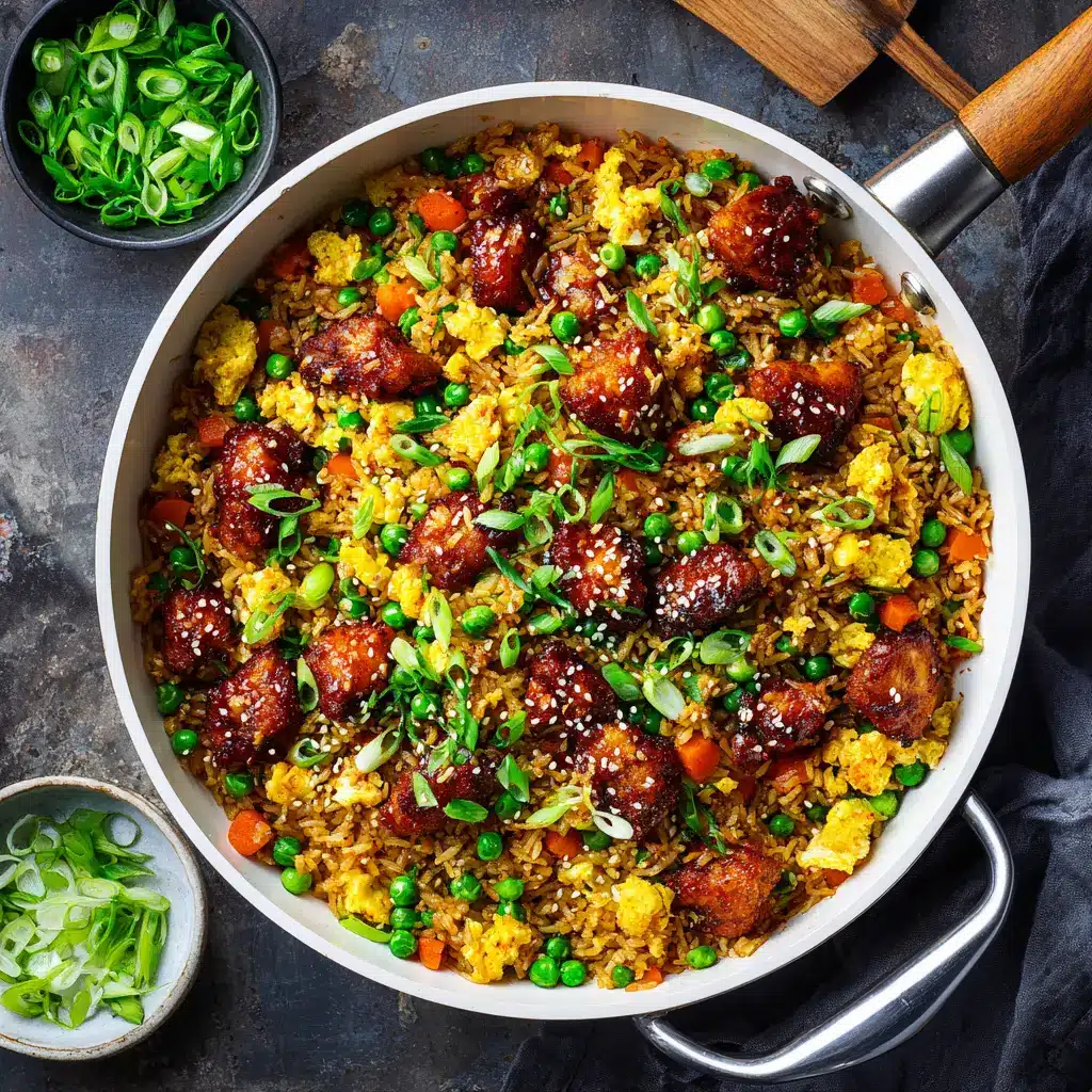 A pan of freshly cooked homemade bang bang fried rice, tossed with creamy sauce and ready to be served.