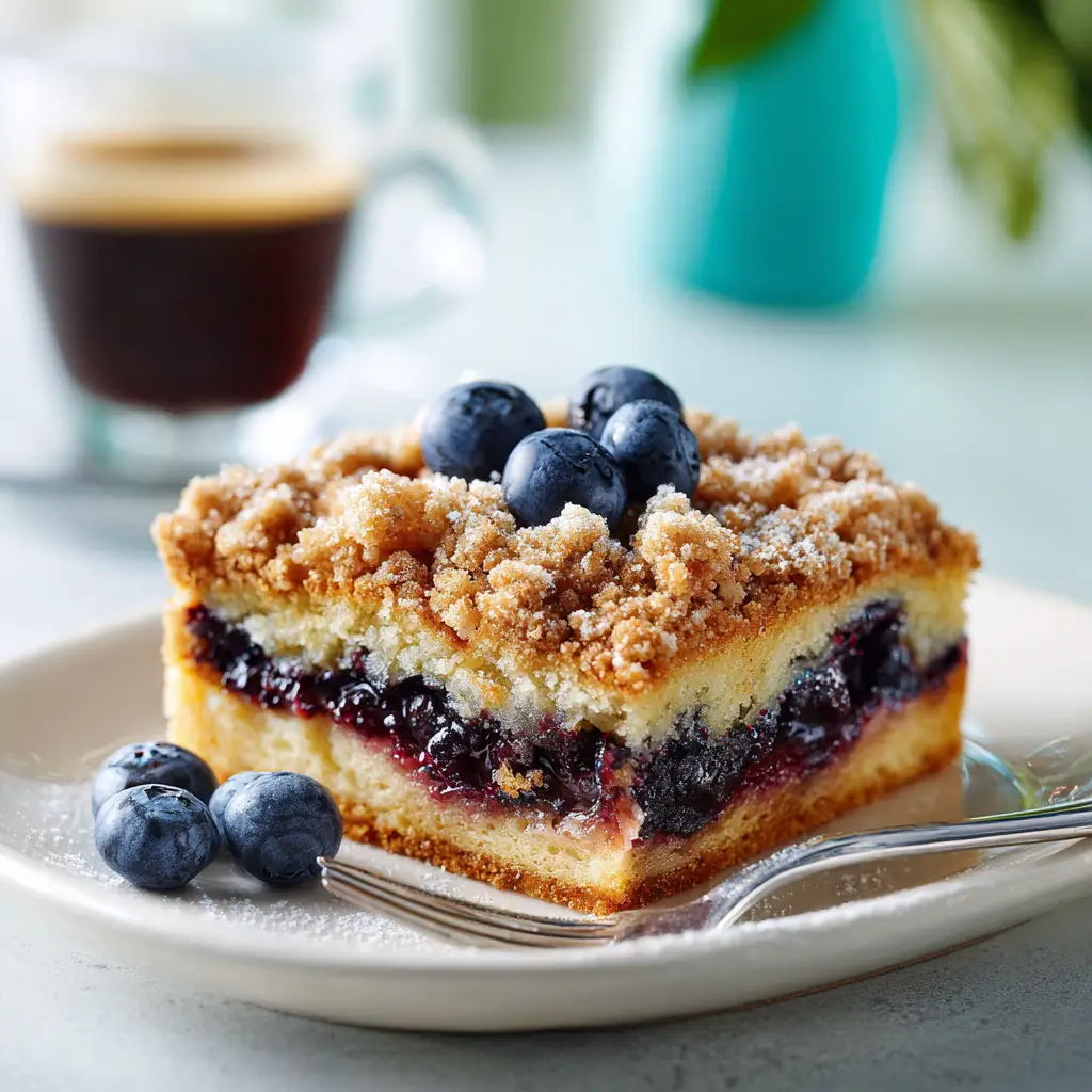A beautiful slice of homemade coffee cake with blueberries, with a fork taking a piece out to show the tender texture.