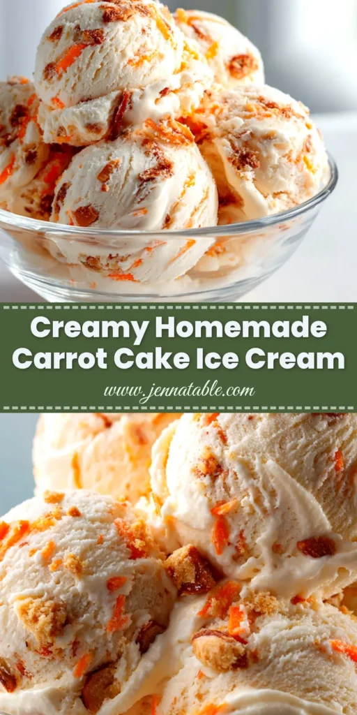 An overhead shot of a scoop of homemade carrot cake ice cream in a glass bowl, showing swirls of cream cheese and specks of carrot.